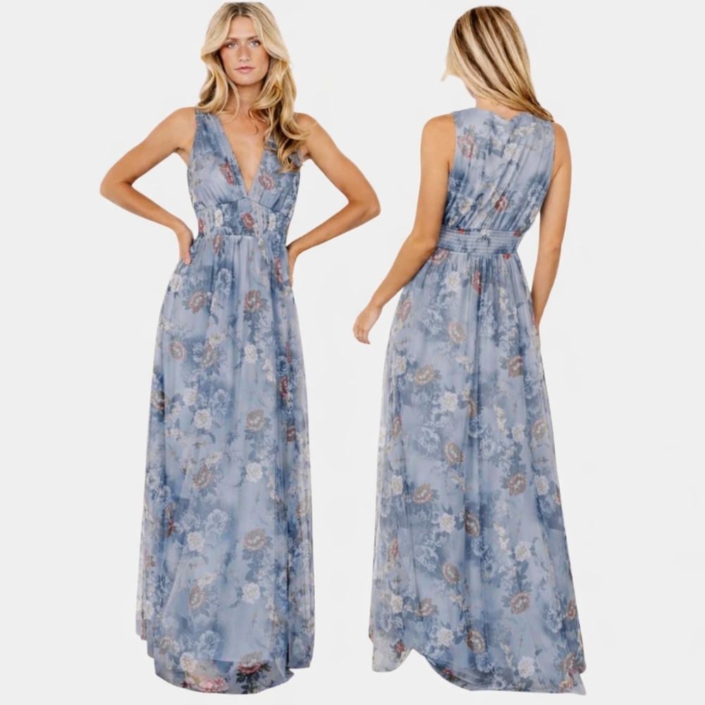 Baltic Born Kamila Tulle Maxi Dress Dusty Blue Floral 2X NWT